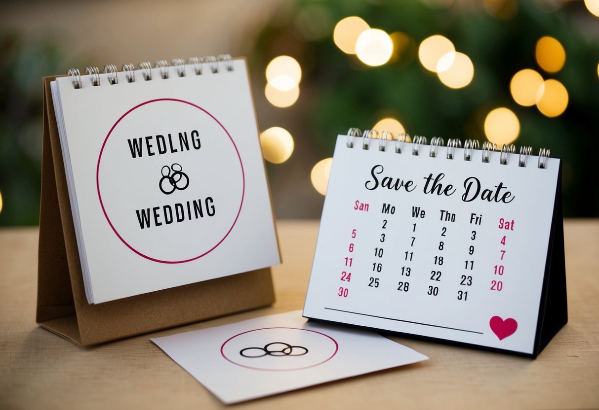 A wedding announcement shows a calendar with the wedding date circled, while a save the date invitation features a calendar with the date highlighted and a heart or wedding ring icon