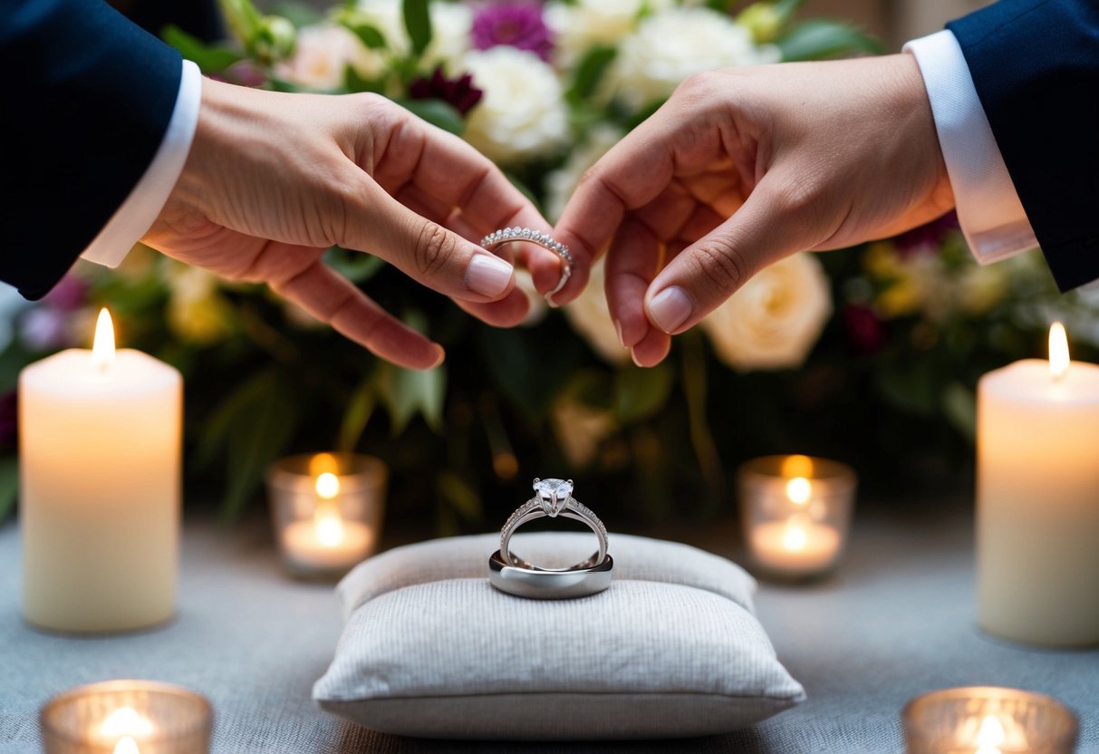 The engagement ring is placed on a cushioned surface, surrounded by flowers and candles, as the wedding bands are exchanged