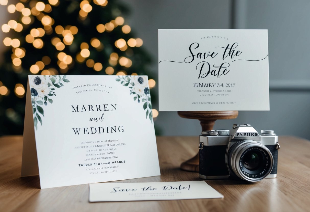 A wedding announcement features the couple's names and wedding date, while a save the date invitation includes the date and location of the wedding