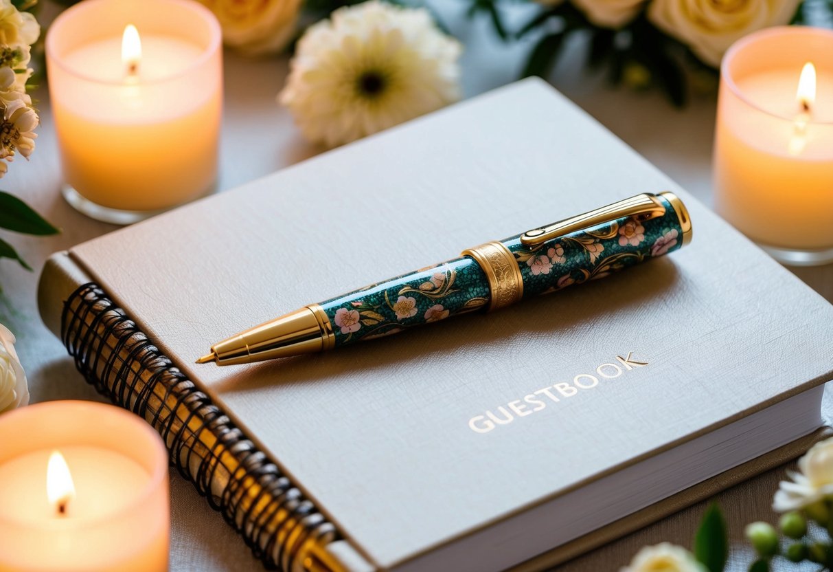 A decorative pen resting on a elegant guestbook, surrounded by floral arrangements and soft candlelight