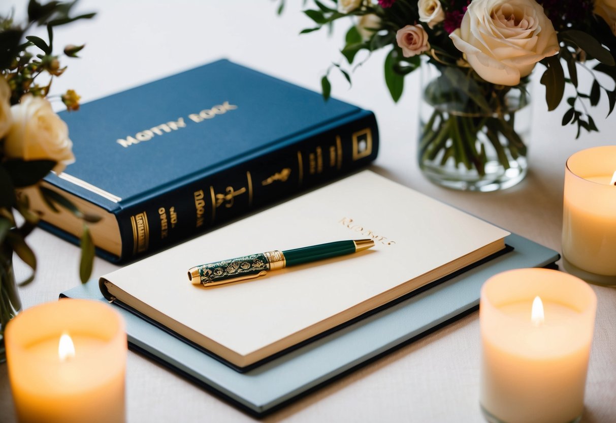 A table with a decorative pen and a registry book, surrounded by flowers and candles