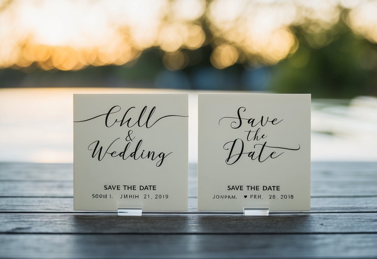 A wedding announcement: couple's names with wedding date. Save the date: date and location with no names
