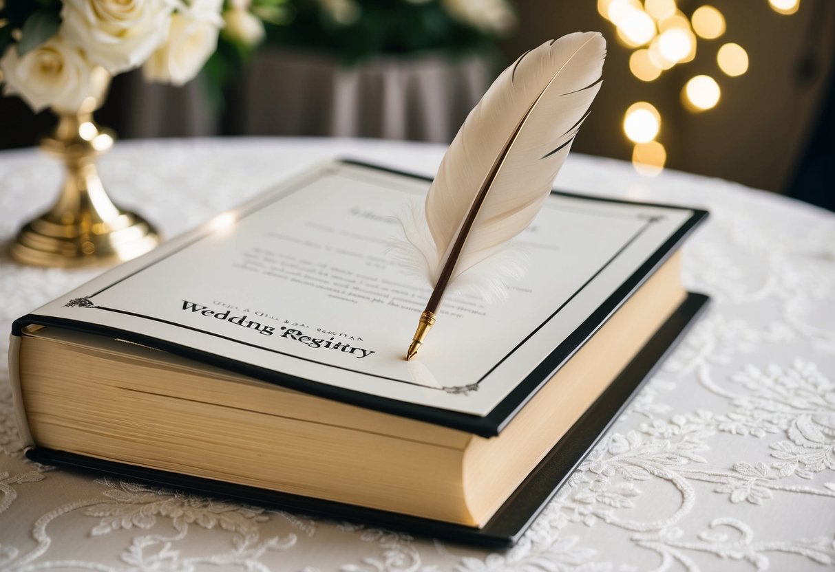 A quill pen poised over a pristine wedding registry book on a beautifully decorated table
