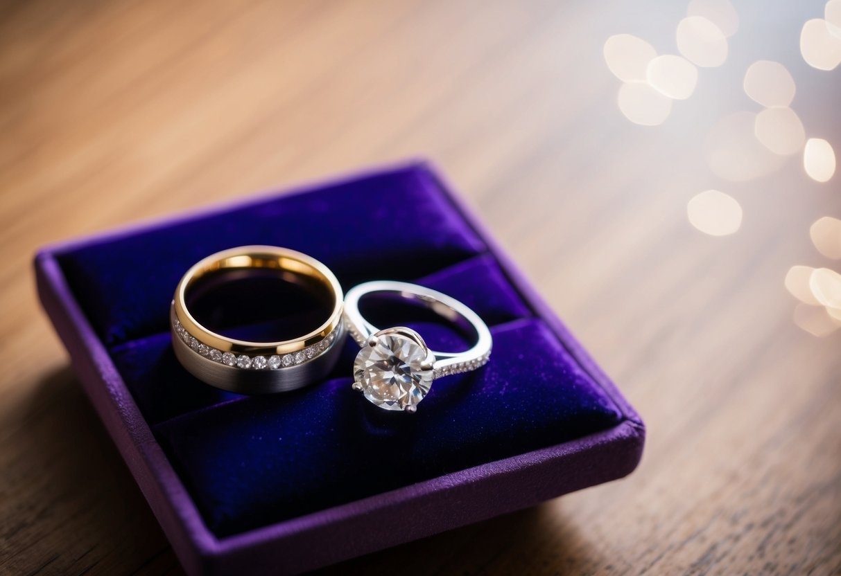 The engagement ring is carefully placed next to the wedding band on a velvet cushion, symbolizing the transition from one stage of love to the next