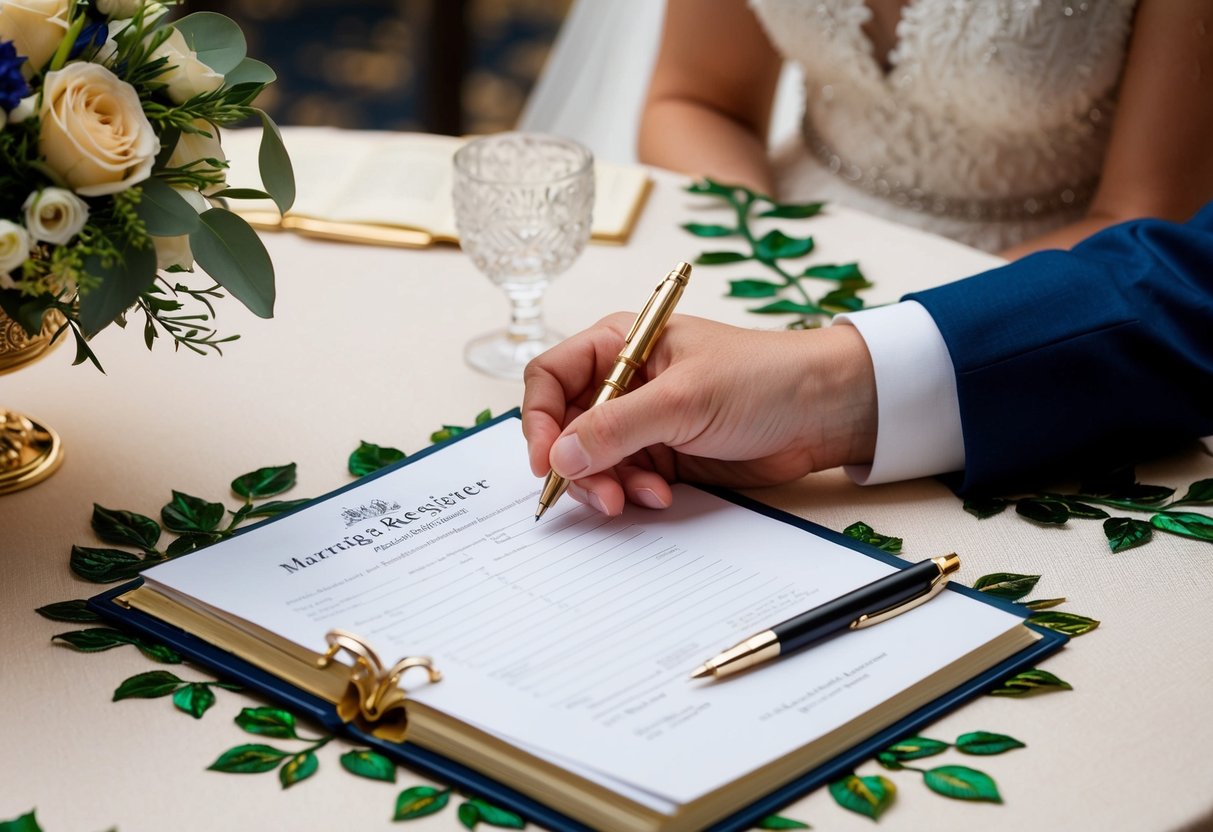 A hand reaches for a pen on a beautifully decorated table, with a marriage register open and waiting to be signed