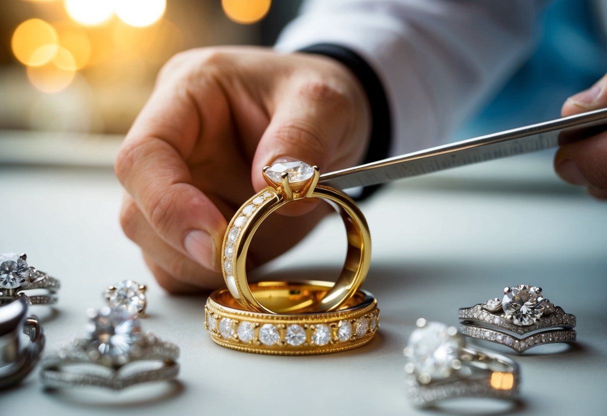 A jeweler carefully measures and weighs a gold wedding band, surrounded by sparkling diamonds and intricate designs