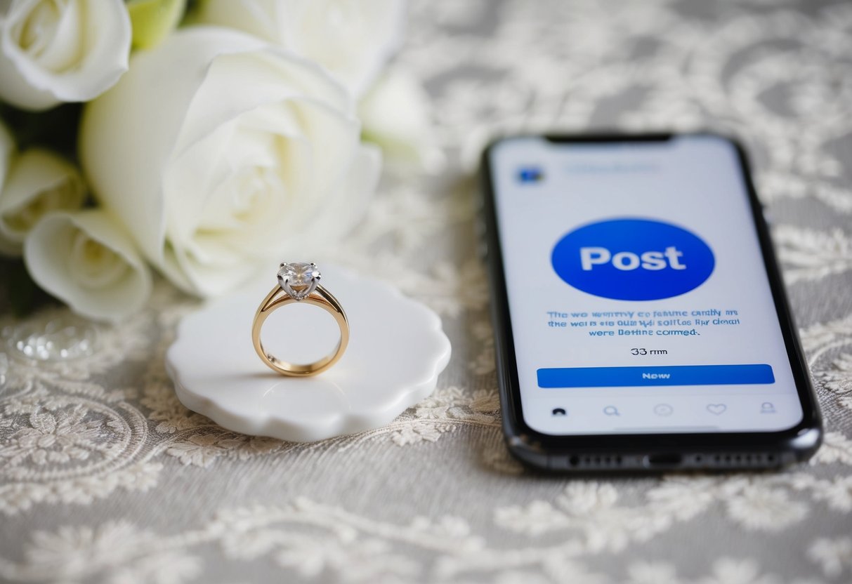 A wedding ring placed on a beautifully decorated table with a smartphone nearby, showing a social media app open to the "post" screen