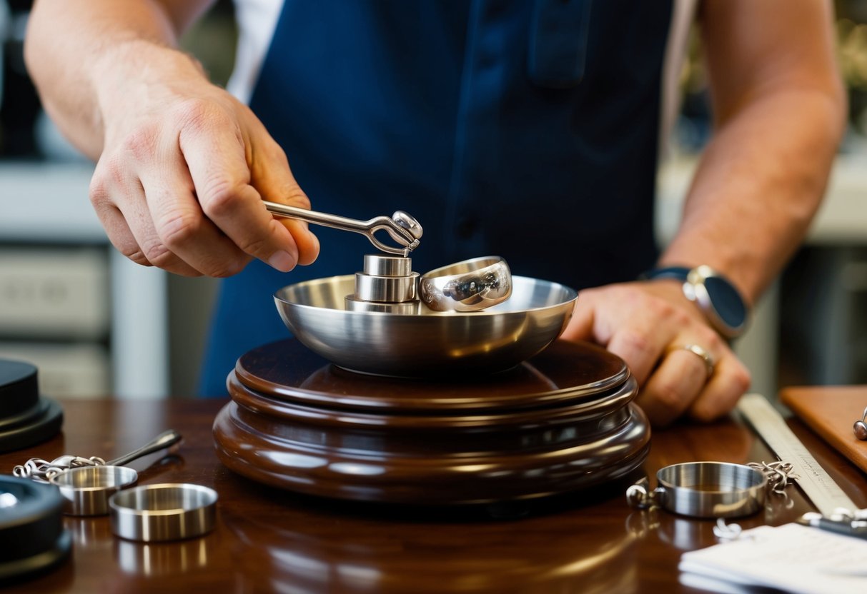 A jeweler carefully weighs and compares various metals for wedding rings on a polished wooden table