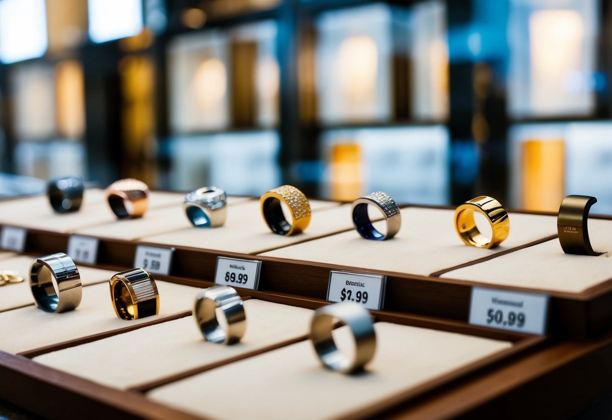 A jewelry store display with various men's wedding bands in different styles and materials, alongside price tags