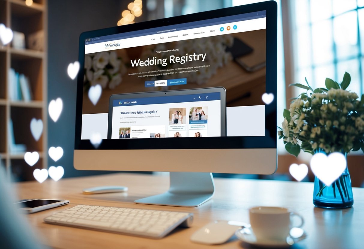A computer screen displaying a wedding registry website open on a social media page, surrounded by likes, comments, and shares