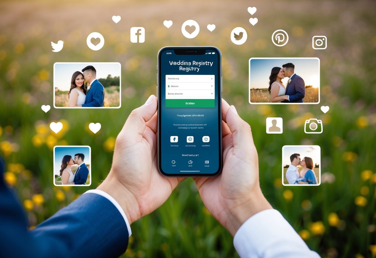 A couple's hands holding a smartphone with a wedding registry displayed on the screen, surrounded by social media icons and engagement photos