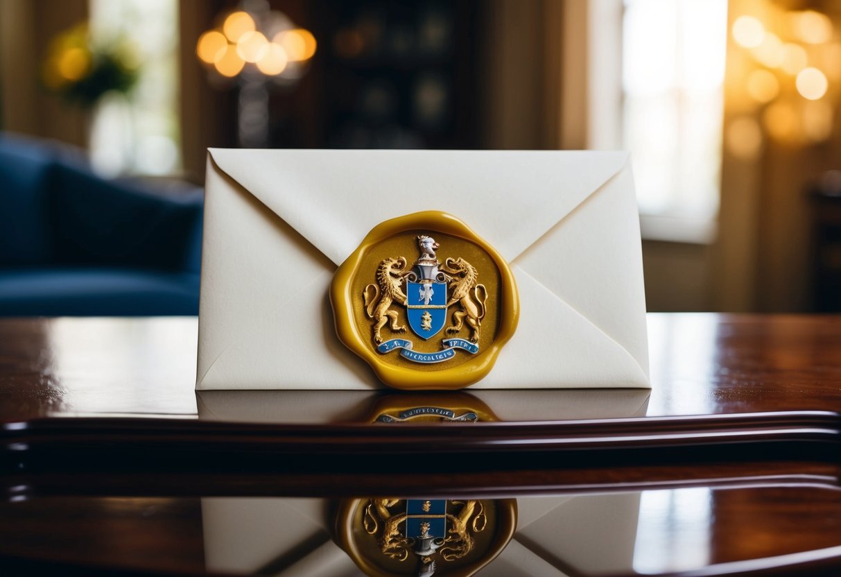 A letter sealed with wax, adorned with a family crest, sits on a polished wooden desk