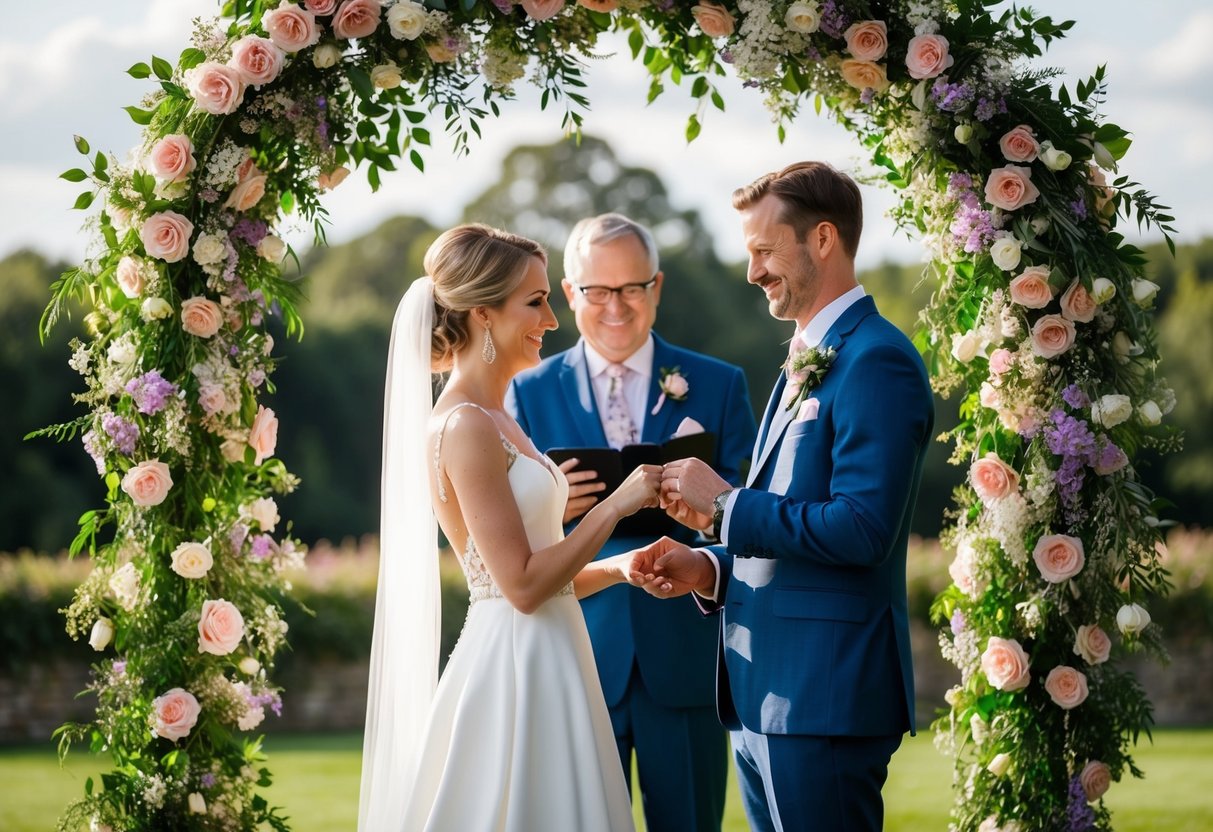 A newlywed couple standing beneath a floral arch, exchanging rings