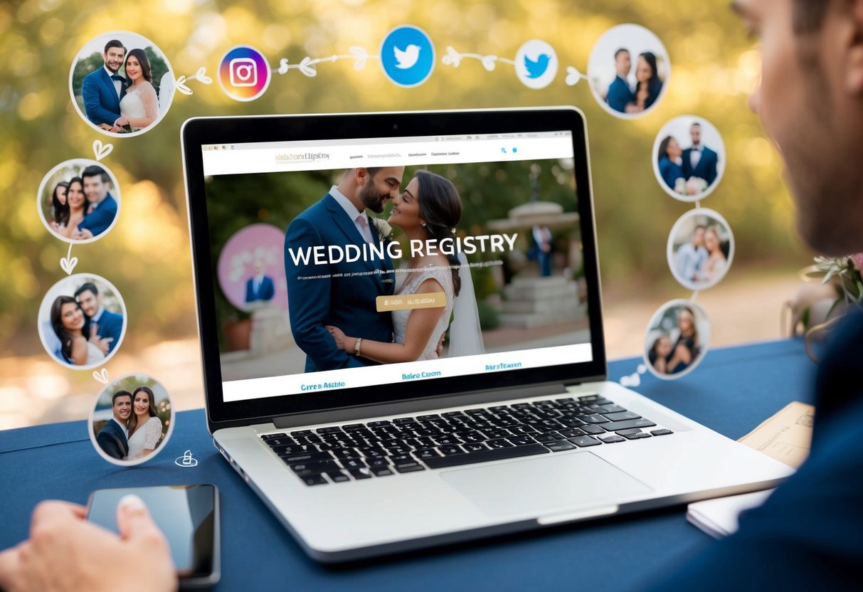A laptop with a wedding registry website open, surrounded by social media icons and engagement photos