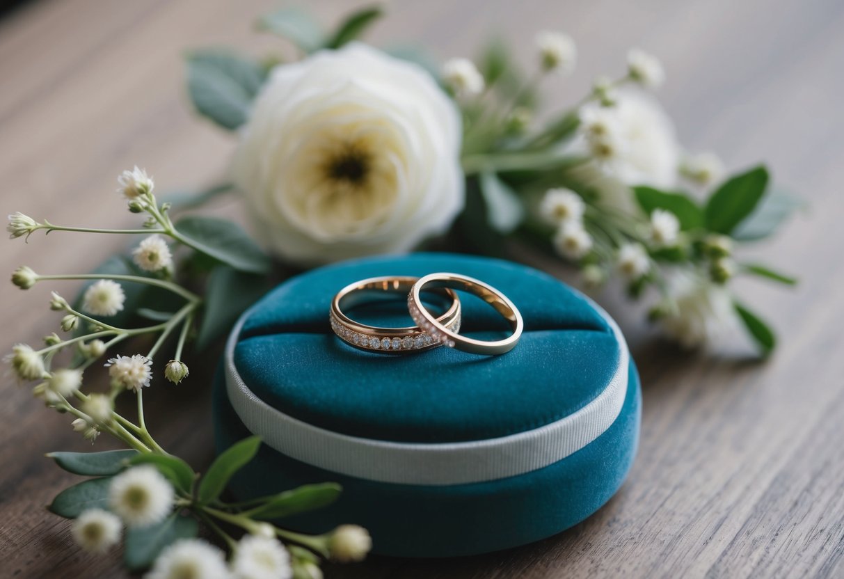 A pair of elegant wedding rings displayed on a velvet cushion, surrounded by delicate flowers and greenery