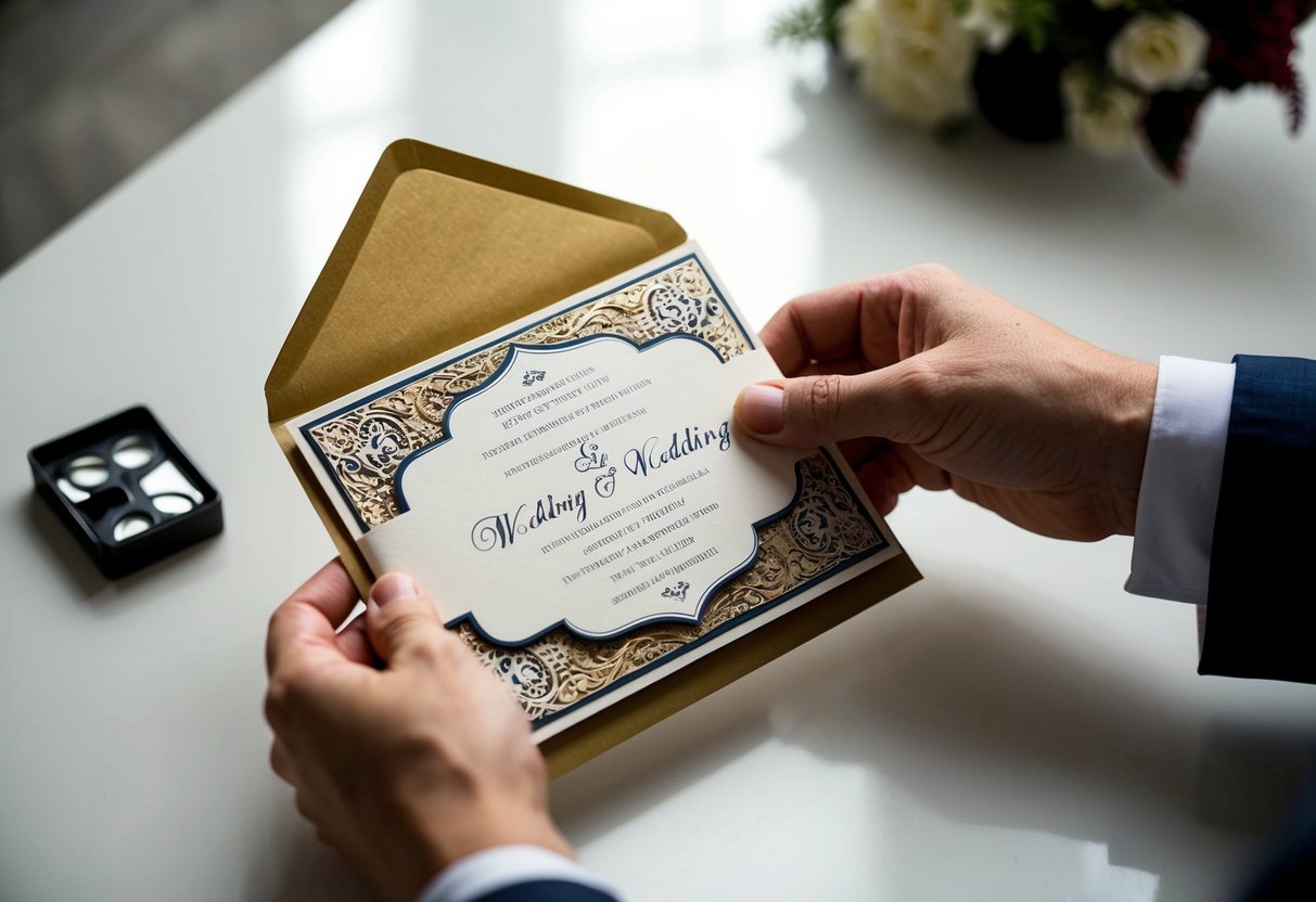 A decorative wedding invitation being placed in an envelope