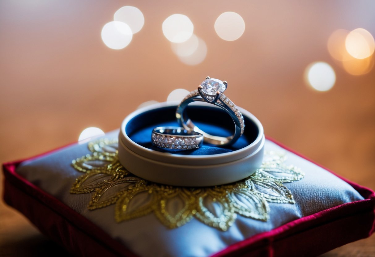 A pair of wedding rings displayed on a decorative cushion