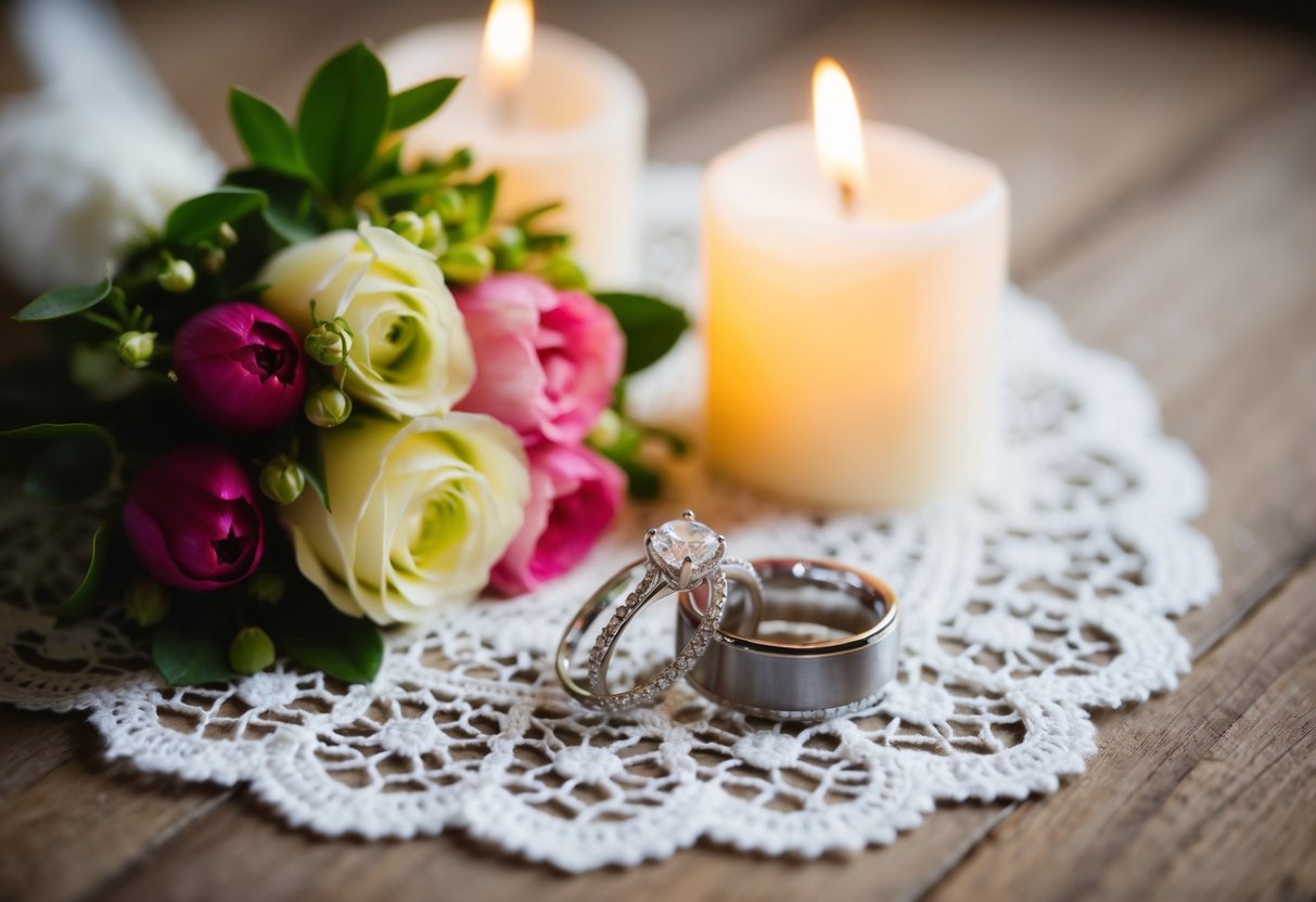 A bouquet of flowers and a pair of wedding rings placed on a delicate lace doily, surrounded by soft candlelight