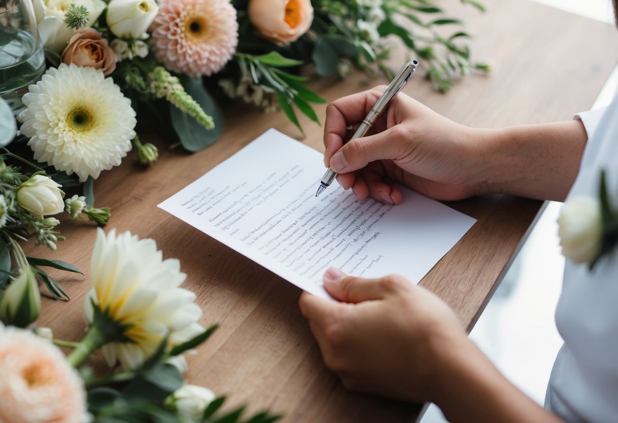 A couple's hands holding a pen and paper, surrounded by flowers and wedding decor, as they carefully craft the perfect wording for their wedding announcement