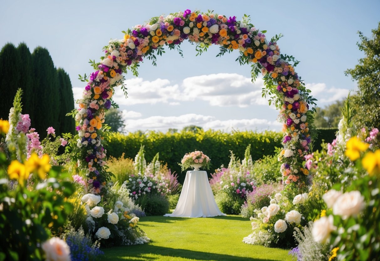A vibrant floral arch stands at the center of a sunlit garden, surrounded by blooming flowers and lush greenery, creating a picturesque setting for a wedding