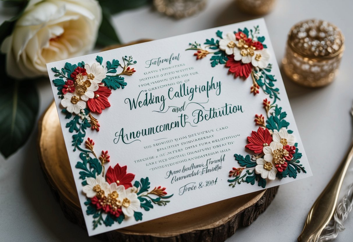 A beautifully decorated wedding announcement card with elegant floral motifs and intricate calligraphy