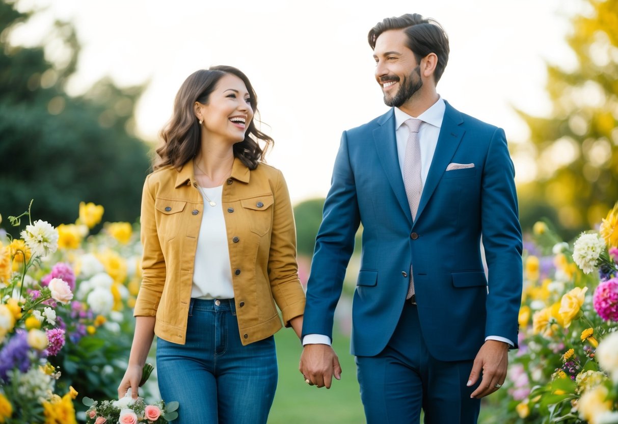 A couple standing together, surrounded by flowers and holding hands, with a joyful expression on their faces