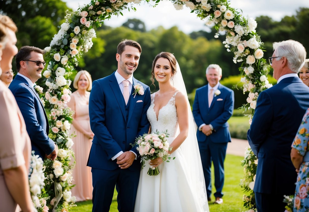 A bride and groom standing under a flower-covered arch, surrounded by smiling guests and a beautiful outdoor setting