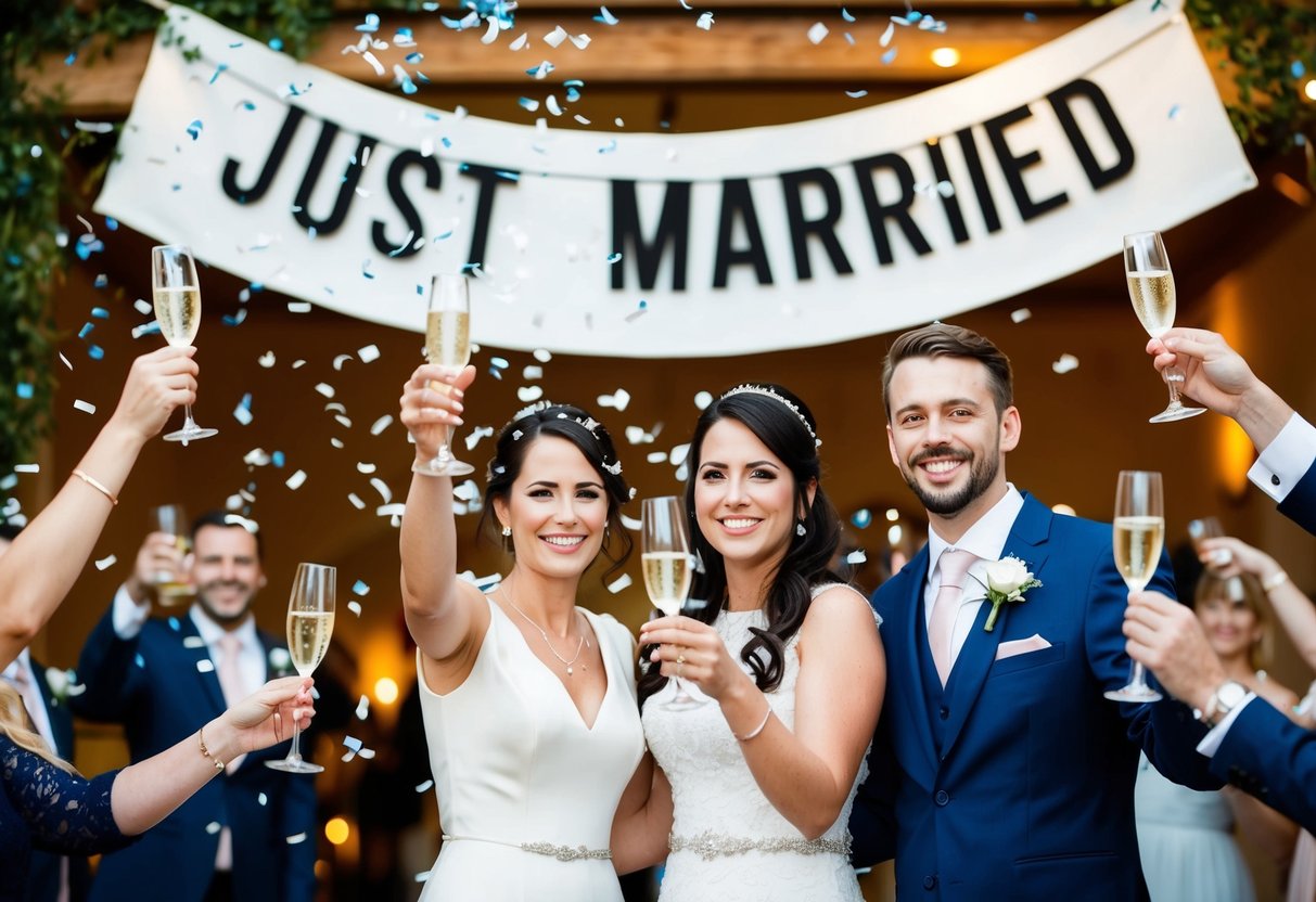 A couple stands surrounded by confetti and champagne, smiling and raising their glasses in celebration. A banner with the words "Just Married" hangs in the background
