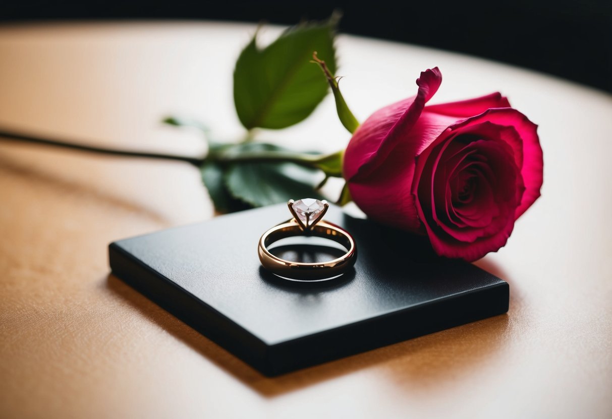 A wedding ring placed on a table with a single rose
