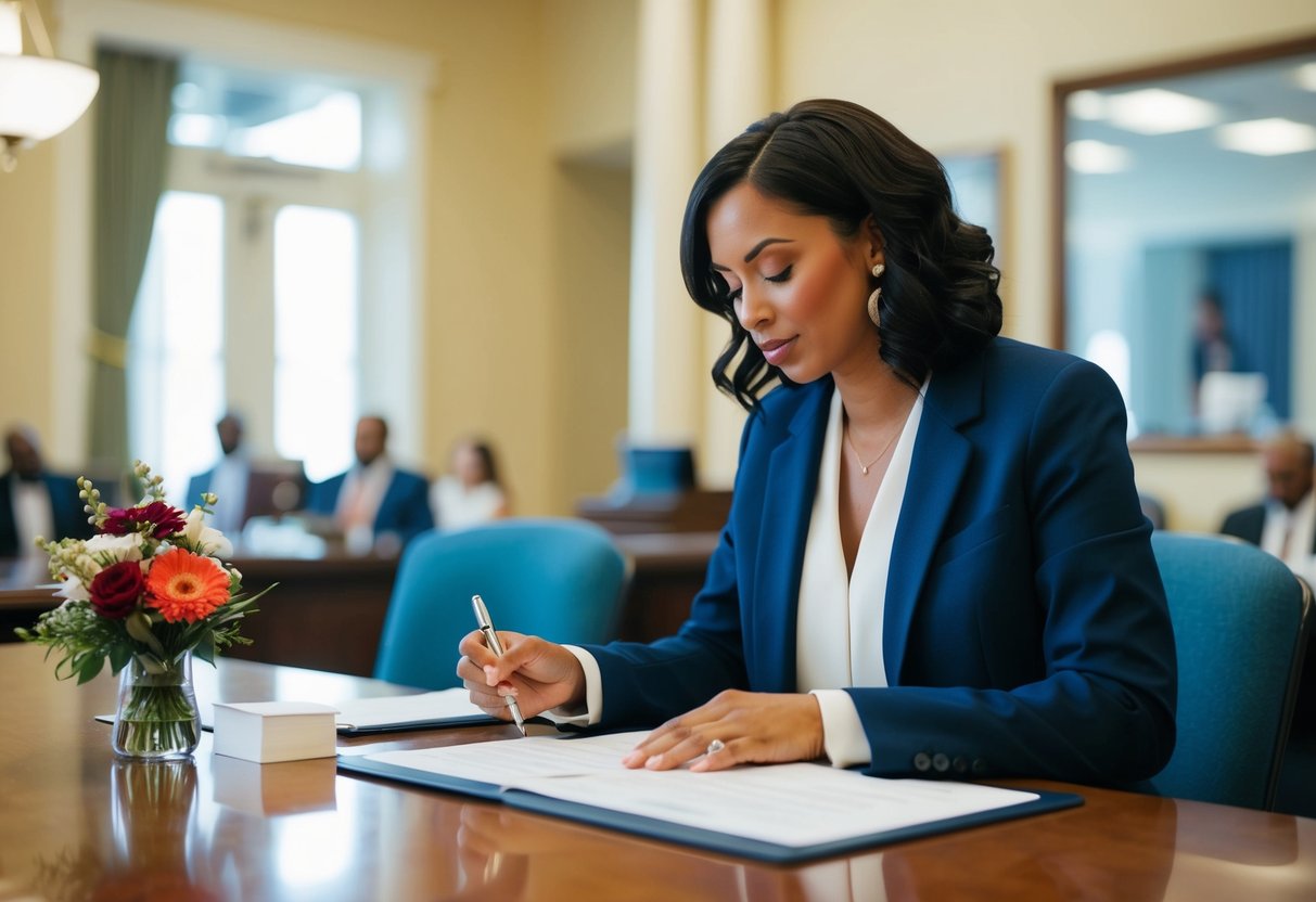 A person filling out marriage paperwork at a government office