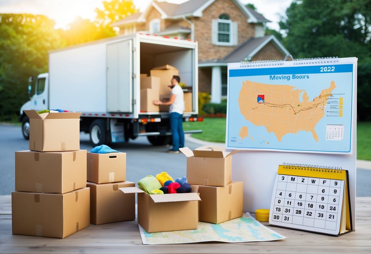 A couple's belongings packed in boxes, a moving truck outside a house, a map with a route marked, and a calendar with the moving date circled