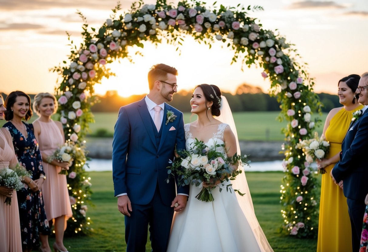 A bride and groom standing under a floral arch, surrounded by twinkling lights and loved ones, with a sunset in the background