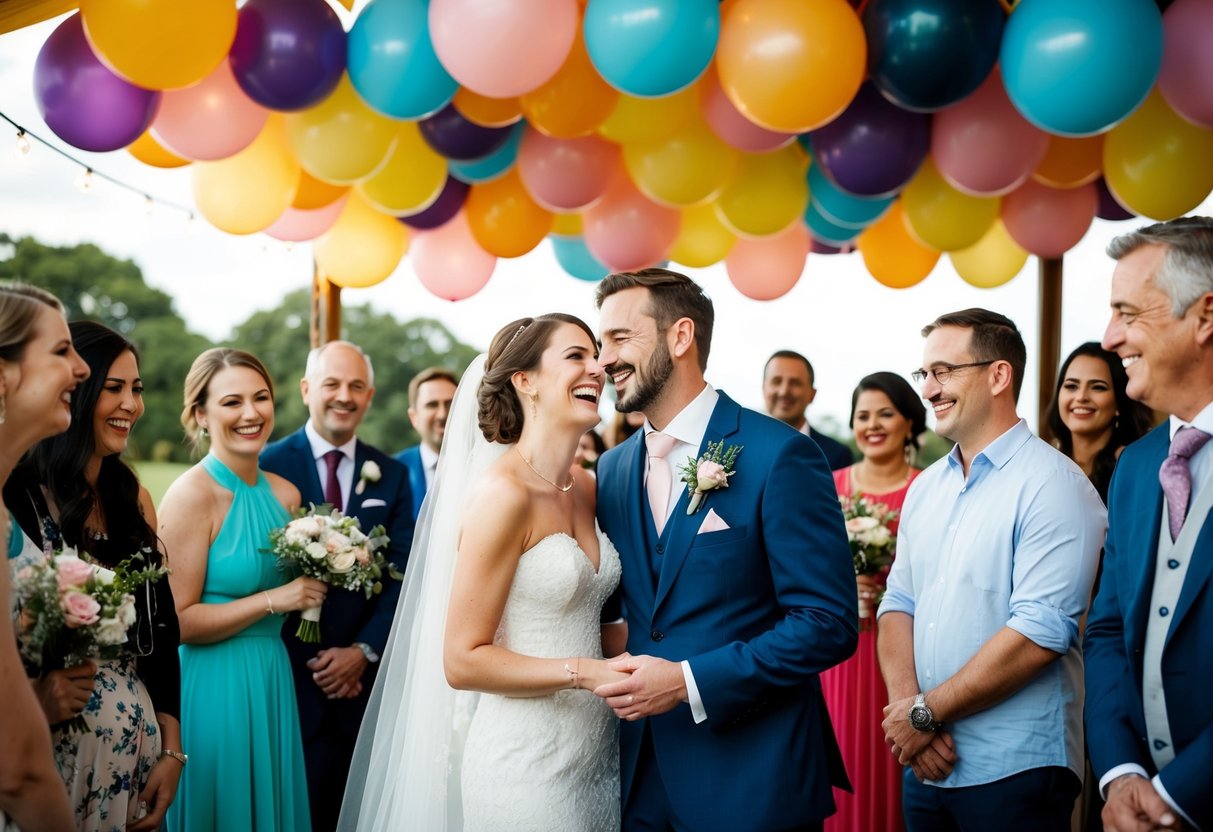 A bride and groom share a laugh under a canopy of colorful balloons, surrounded by friends and family