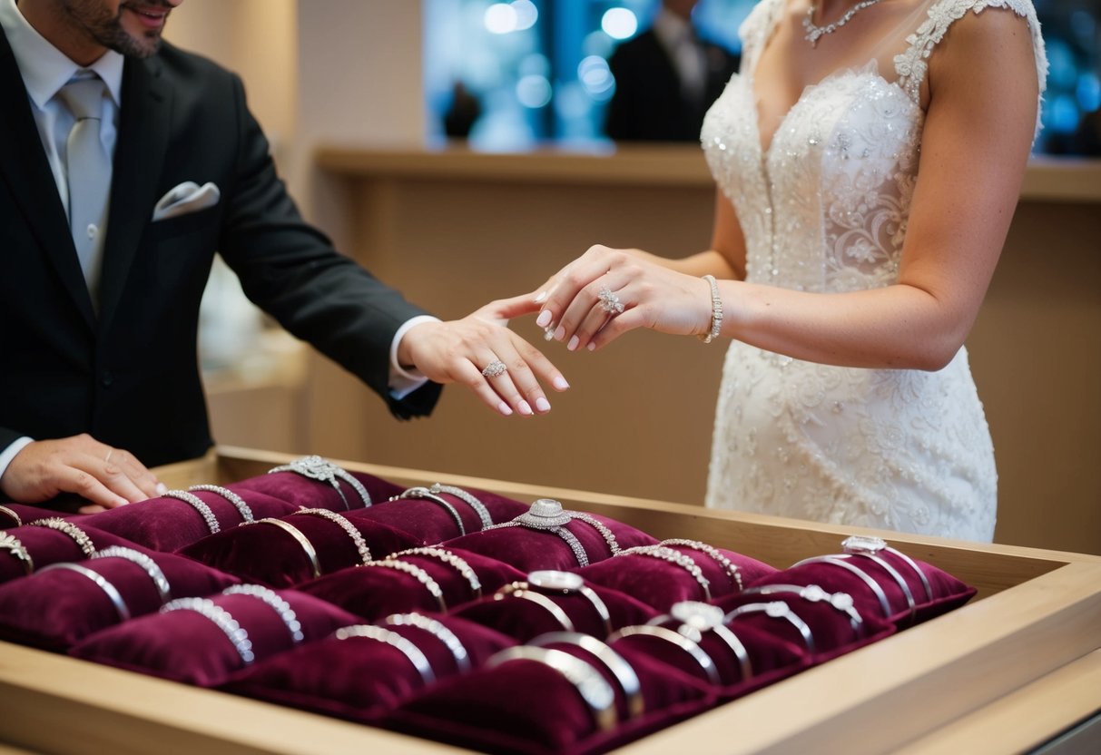 A bride stands at a jewelry counter, examining a variety of wedding bands displayed on velvet cushions. The salesperson gestures towards a selection of rings, offering assistance
