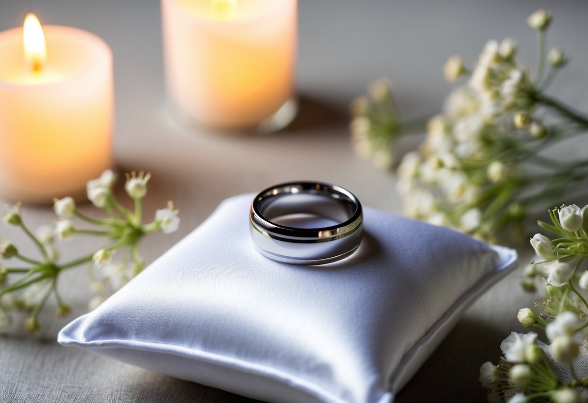 A wedding ring placed on a white satin cushion, surrounded by delicate flowers and soft candlelight