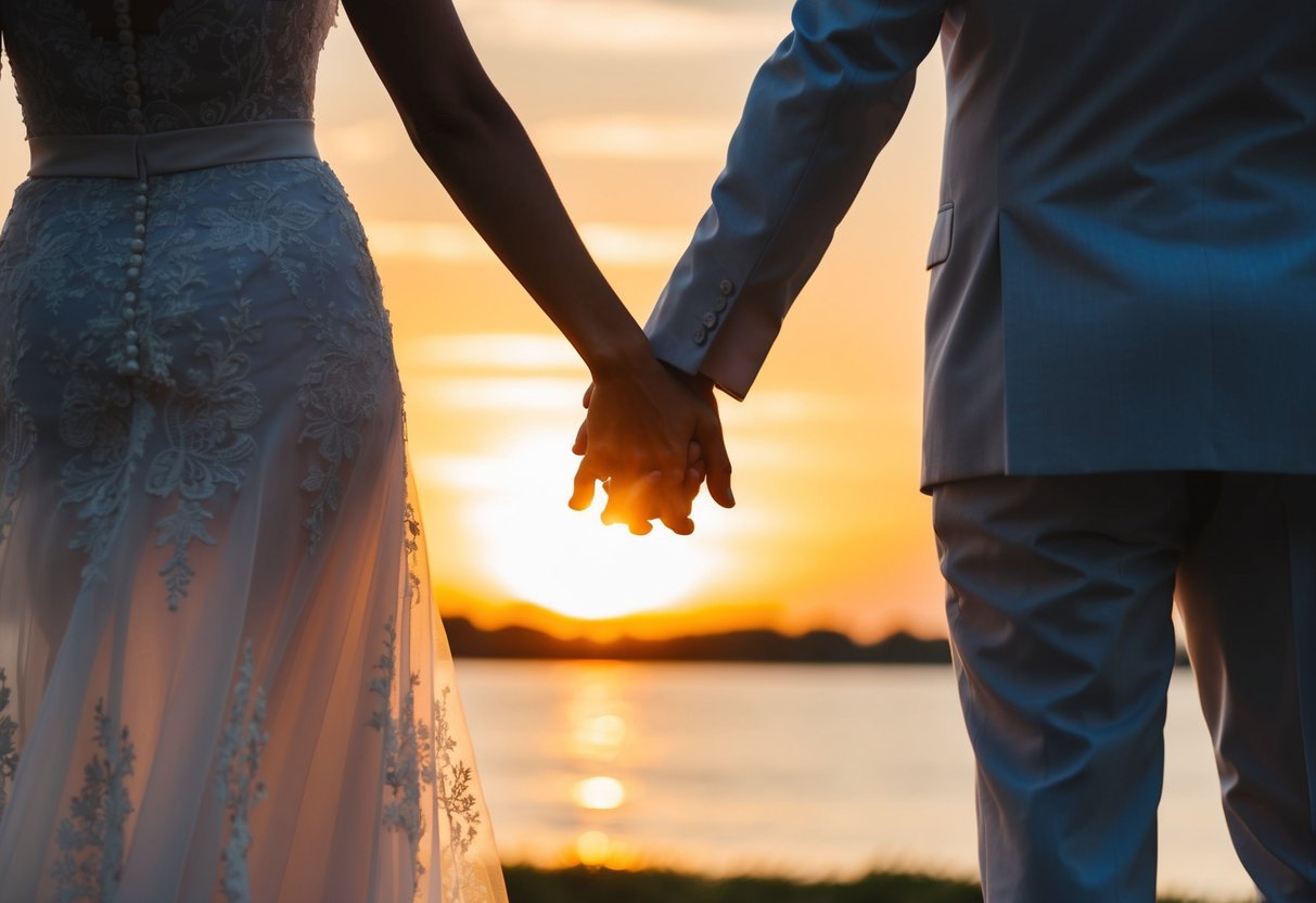 A bride and groom silhouette against a sunset, holding hands