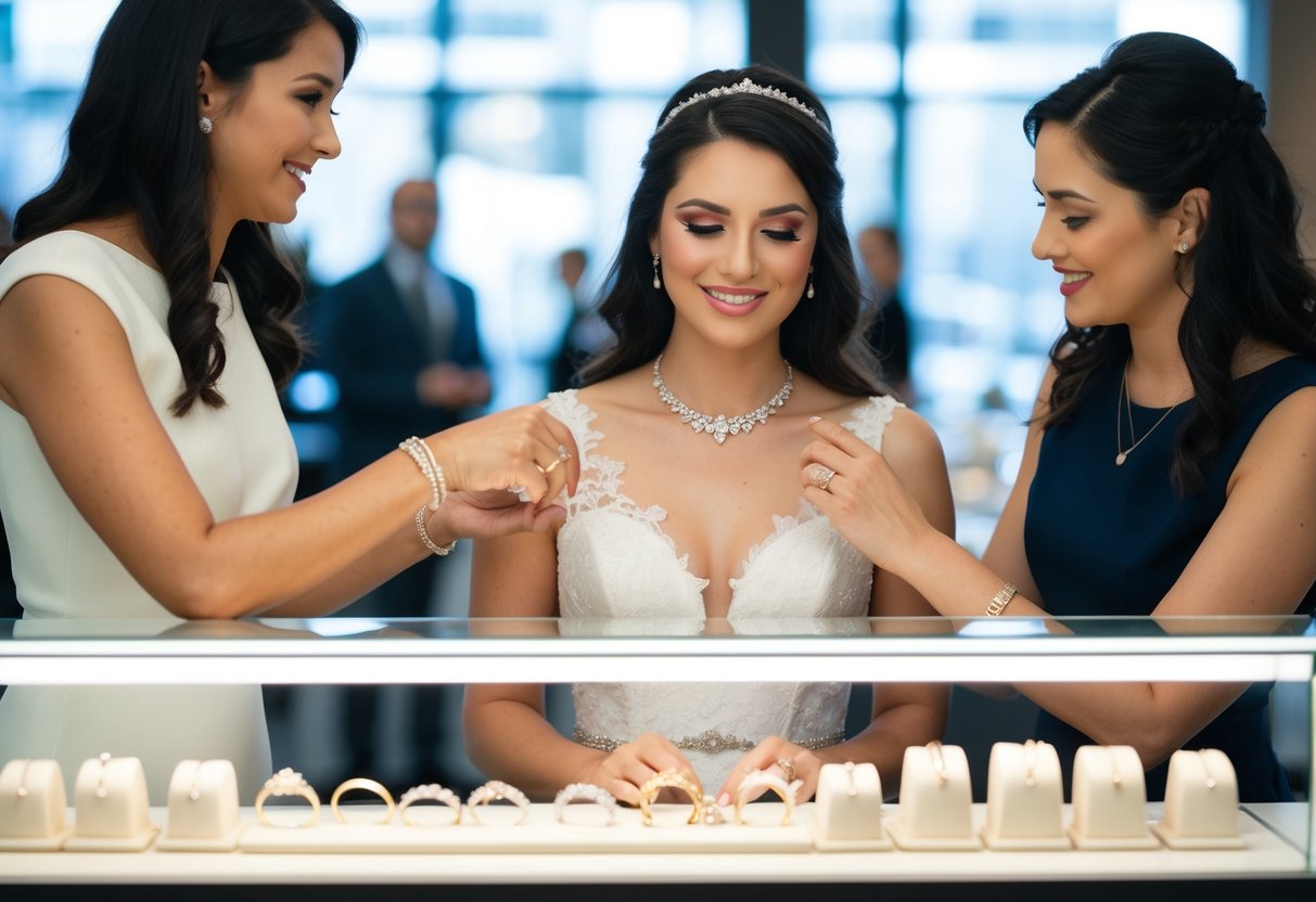 A bride sits at a jewelry counter, trying on various wedding bands while a sales associate assists her with different options