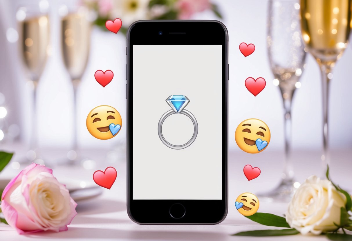 A smartphone with a wedding ring emoji and heart emojis floating around it, with a background of wedding-related images like flowers and champagne glasses