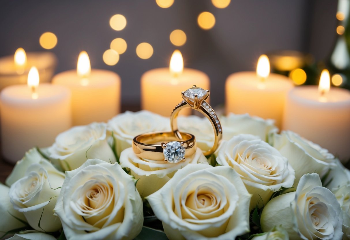 A wedding announcement: a pair of elegant gold wedding rings on a bed of fresh white roses, with a soft candlelit glow in the background