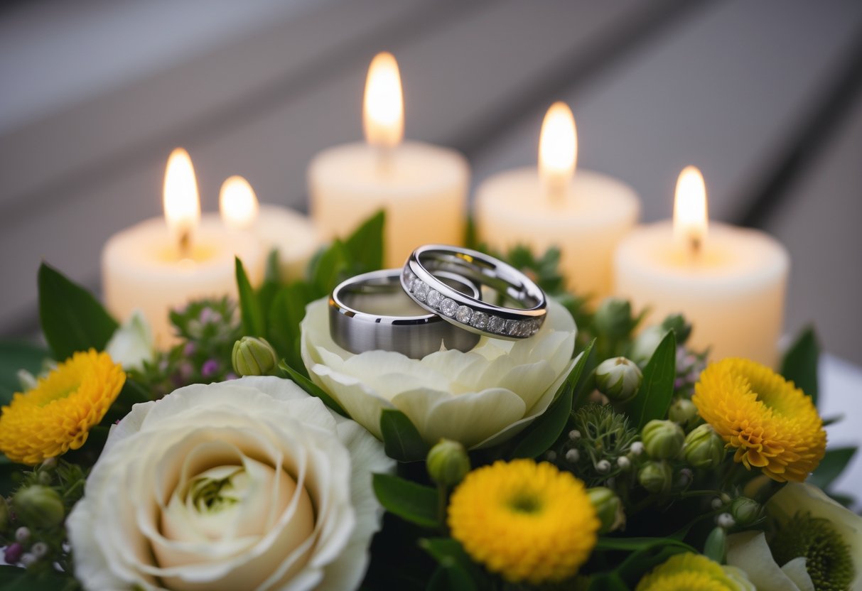 A pair of elegant wedding rings placed on a bed of fresh flowers, surrounded by soft candlelight