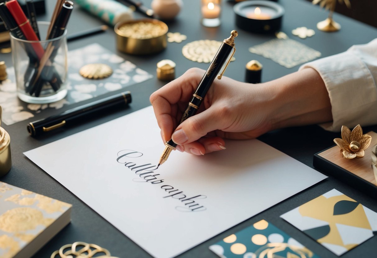 A hand holding a calligraphy pen, writing on a blank piece of paper, surrounded by various art supplies and decorative elements