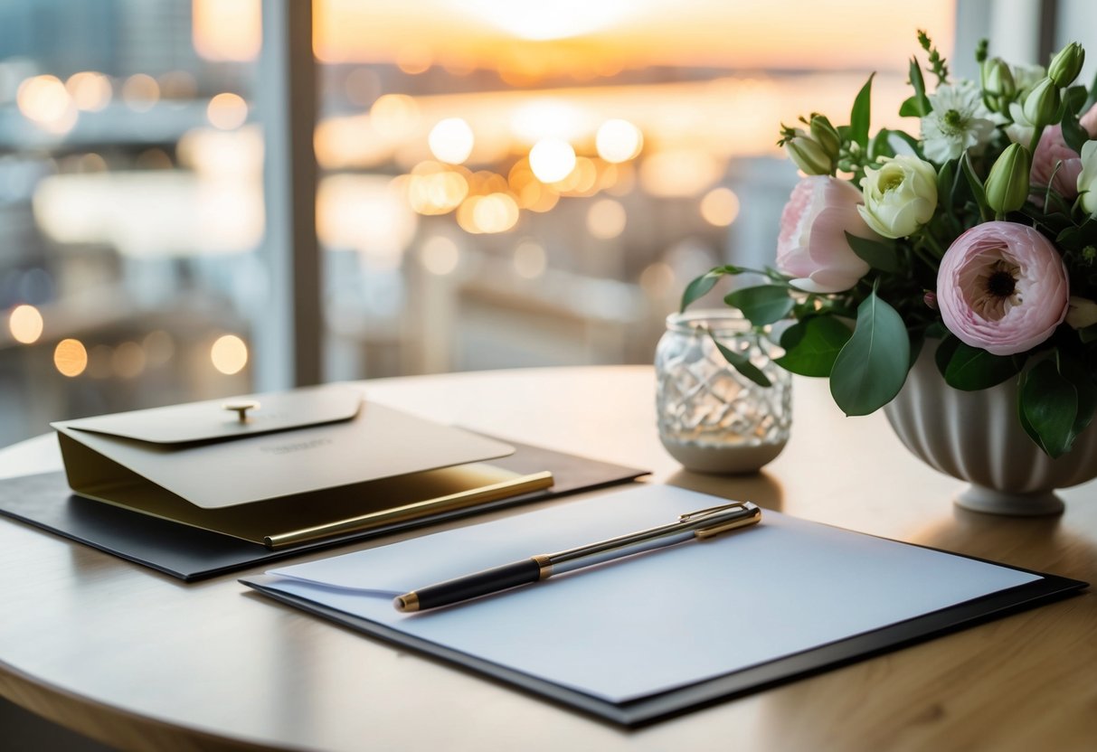 A table set with elegant stationery, a pen, and a bouquet of flowers