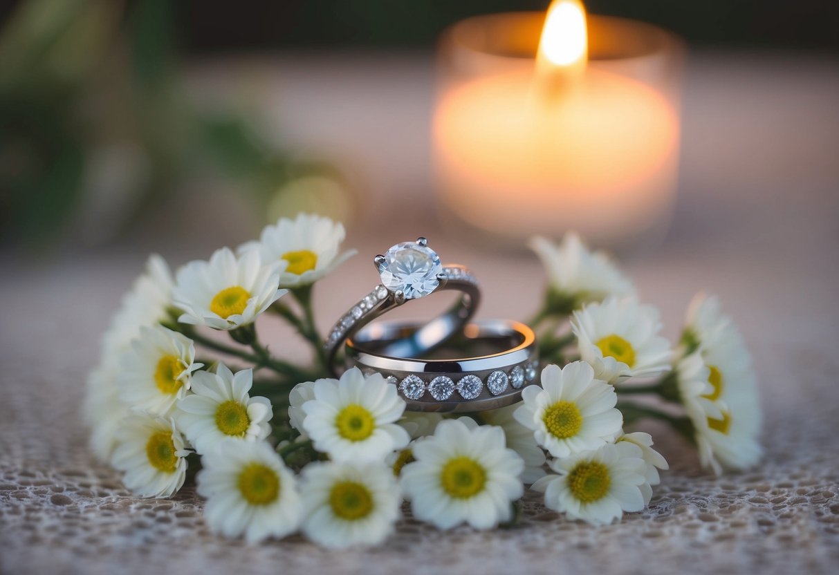 A pair of elegant wedding rings resting on a bed of delicate white flowers, with soft candlelight casting a warm glow