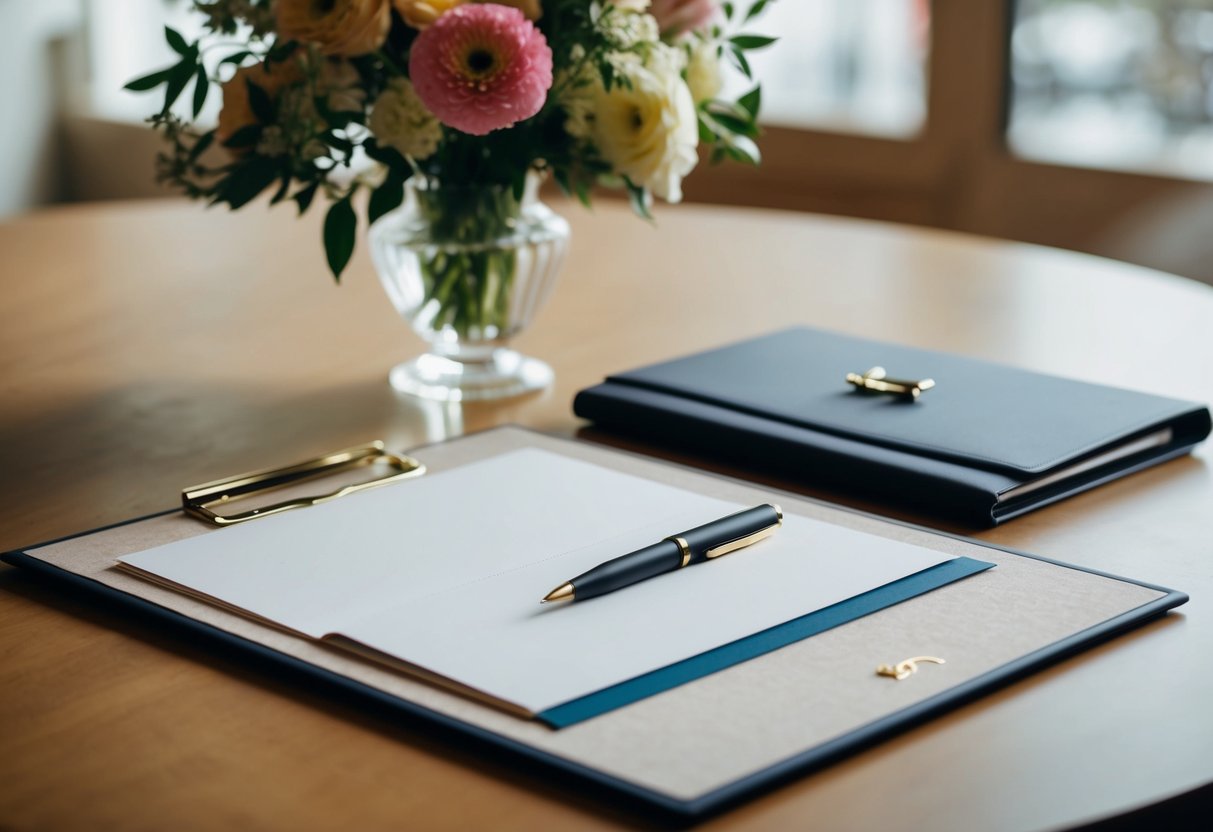 A table set with elegant stationery, a pen, and a vase of flowers