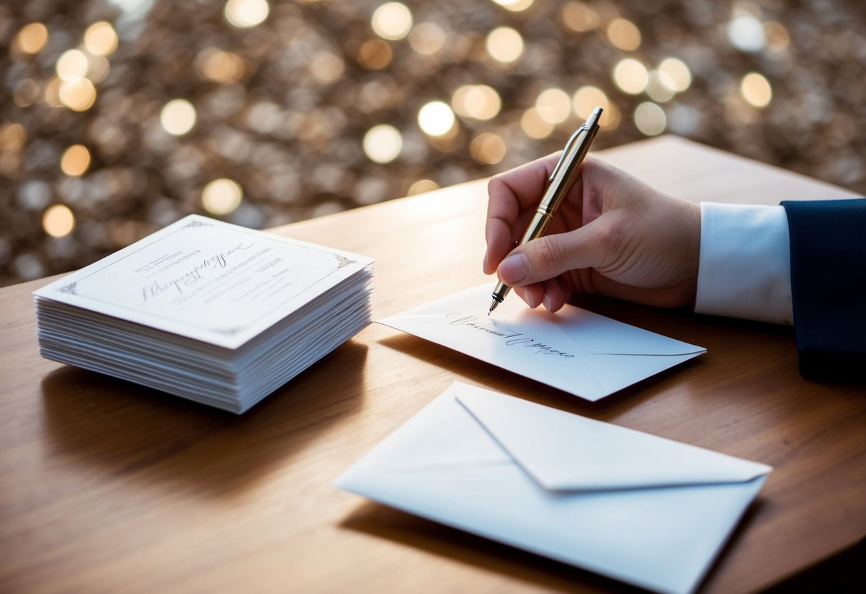 A hand holding a pen, addressing envelopes with elegant calligraphy. A stack of completed invitations sits nearby, ready to be mailed
