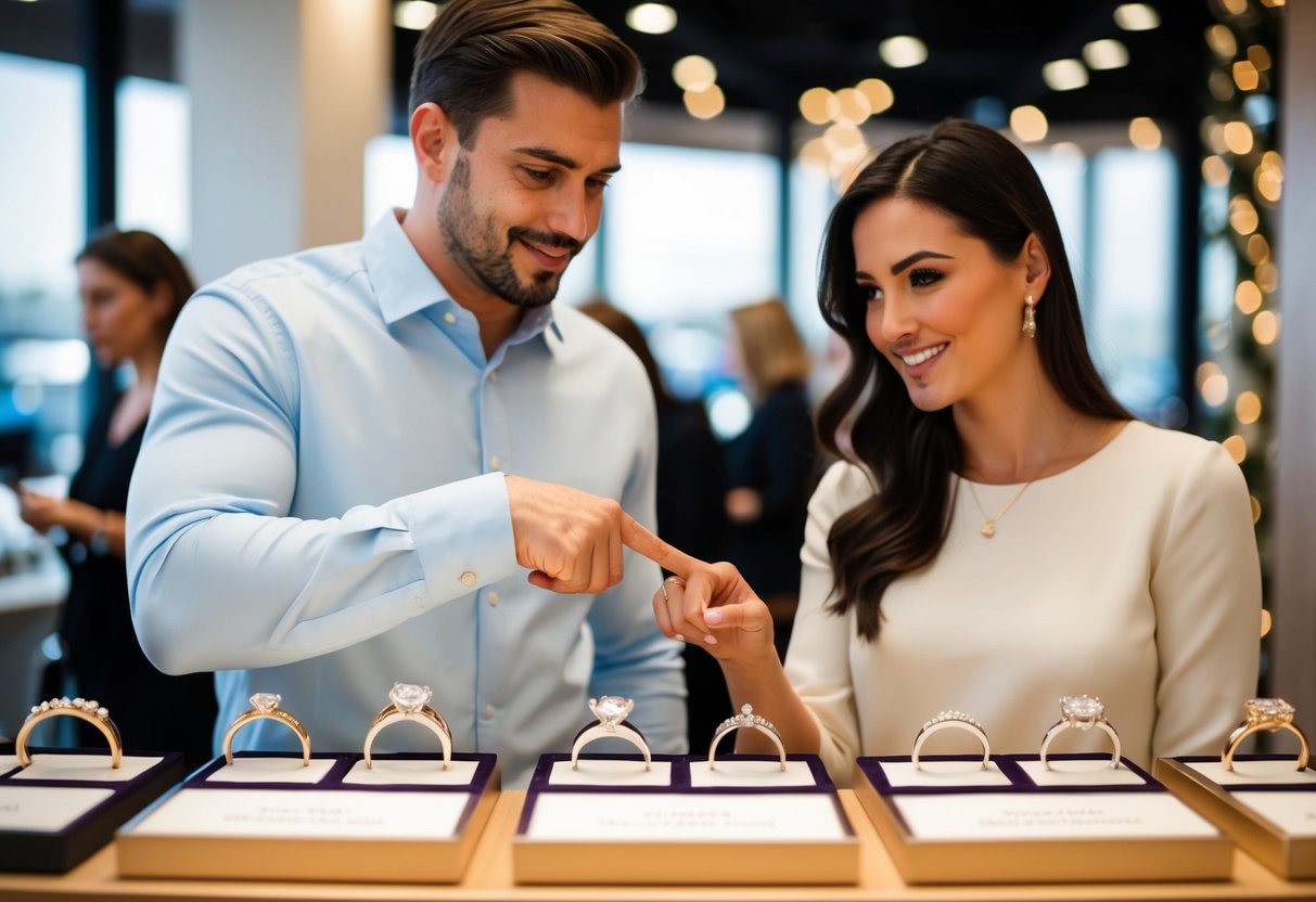 A man and woman browse a display of wedding bands, pointing to different styles and sizes
