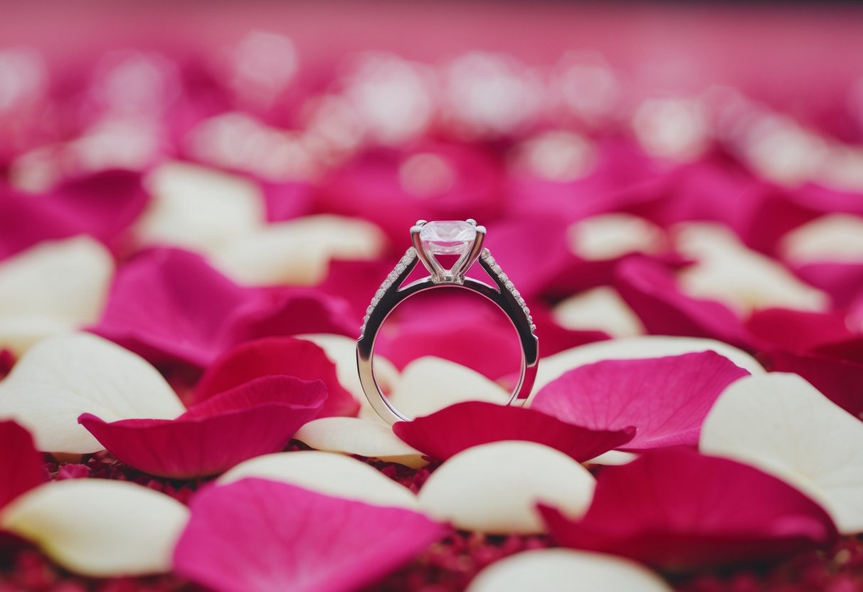 A wedding ring resting on a bed of rose petals