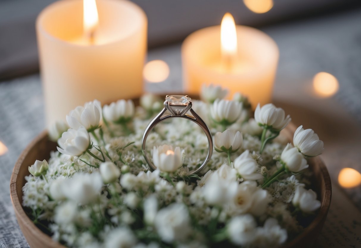 A wedding ring nestled in a bed of delicate white flowers, surrounded by soft candlelight and a vintage love letter