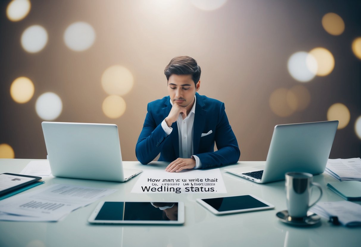 A person sitting at a desk, surrounded by various platforms (paper, computer, tablet, etc.), contemplating how to write their wedding status