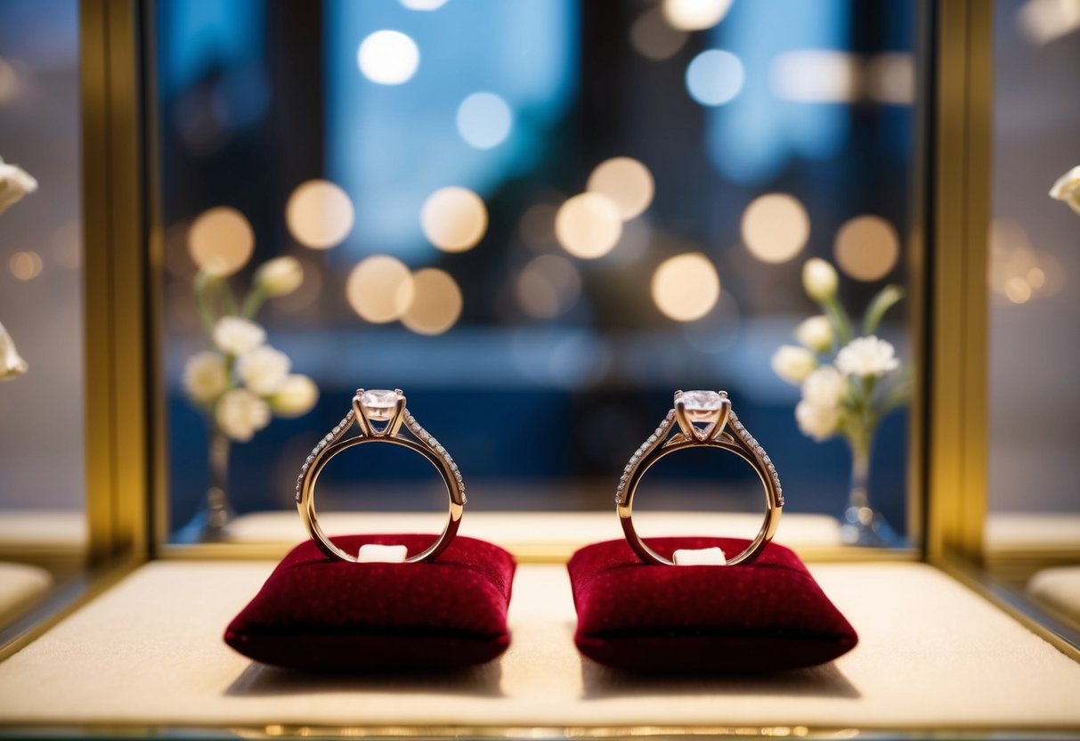 Two wedding bands displayed on a velvet cushion in a jewelry store window, surrounded by soft lighting and elegant decor